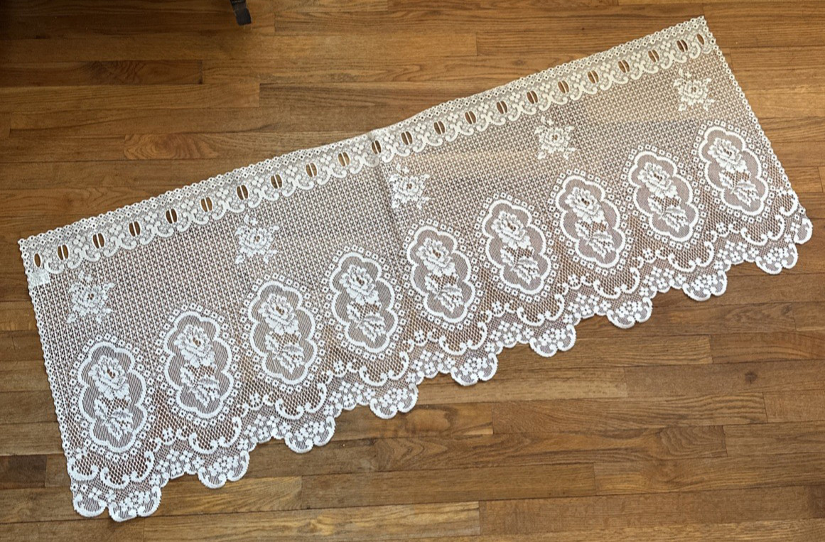 3 Piece Ivory Crochet Lace 2 Panel Cafe Curtains 1 Valance Window Treatment