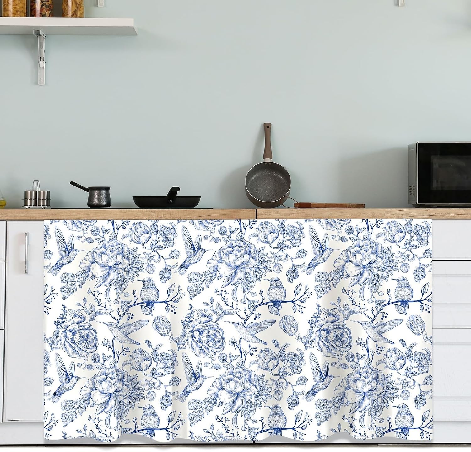 Sophisticated Blue Floral Cabinet Curtain – Easy Install & Washable – 28 x 51 in