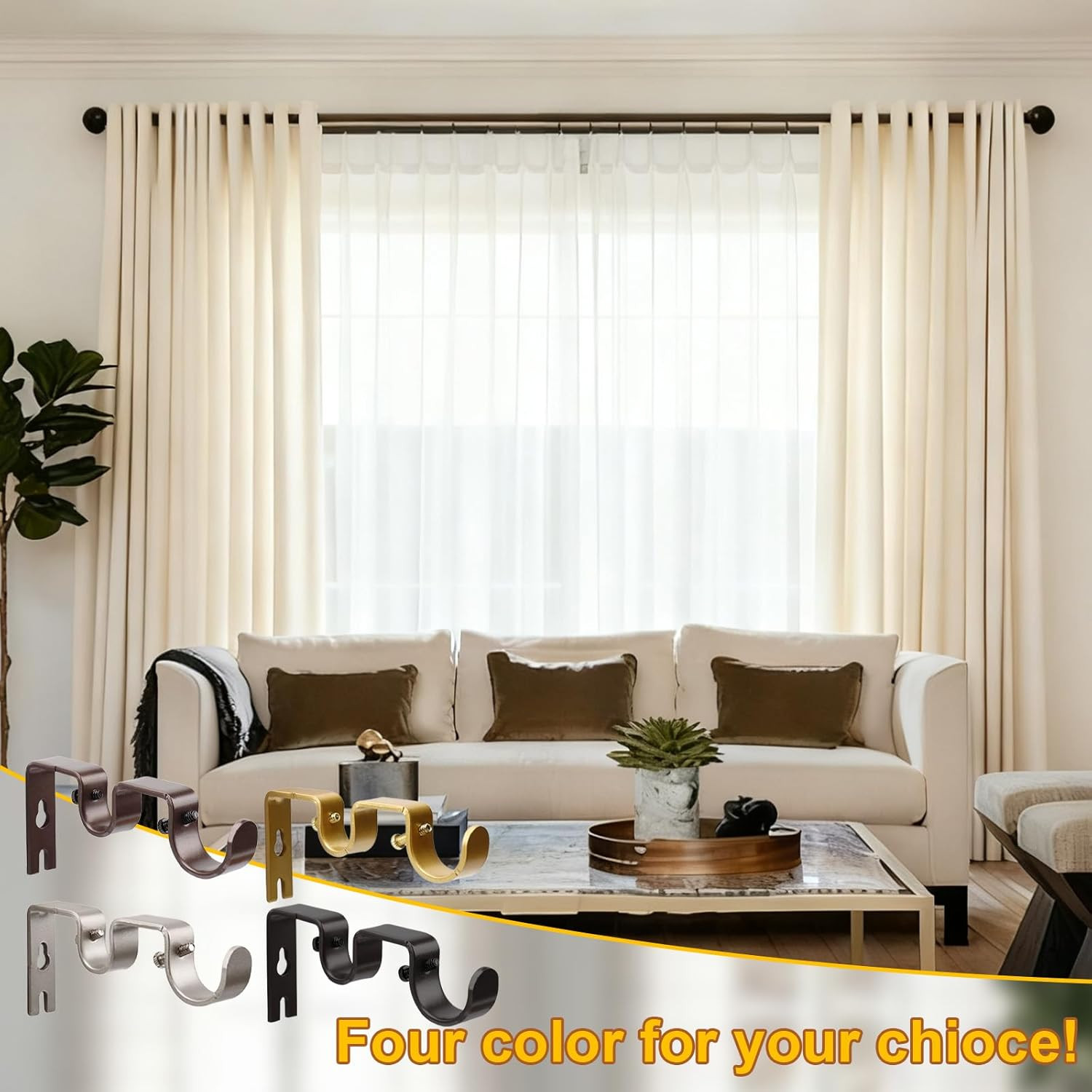 Double Curtain Rod Bracket,6 Pack Metal Curtain Rod Holders for Wall,Sturdy Curt