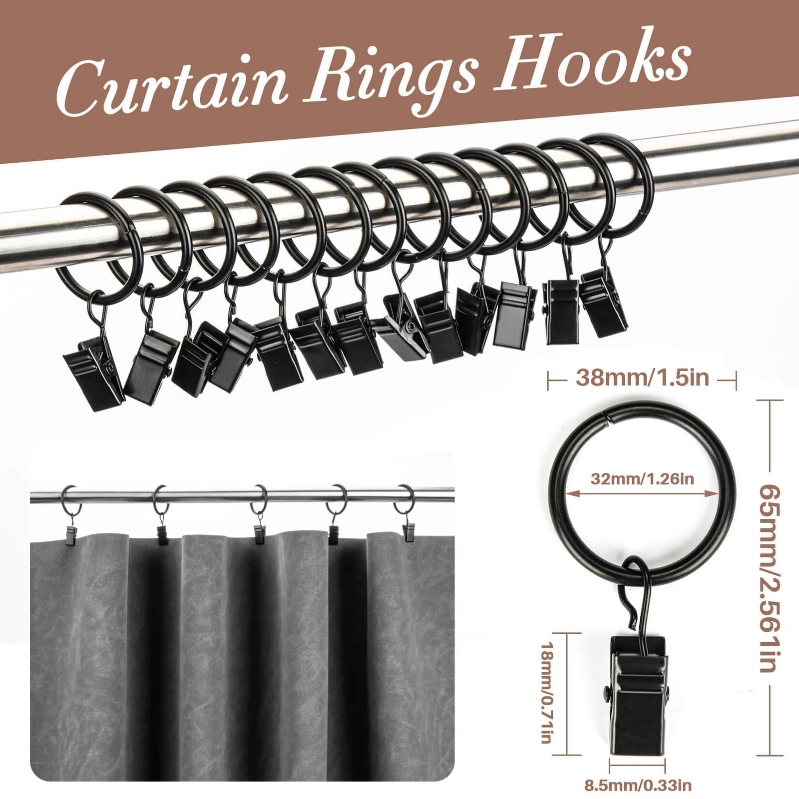 50PCS Curtain Rings with Clips – Curtain Clips Black Drapery Rings with Faste…