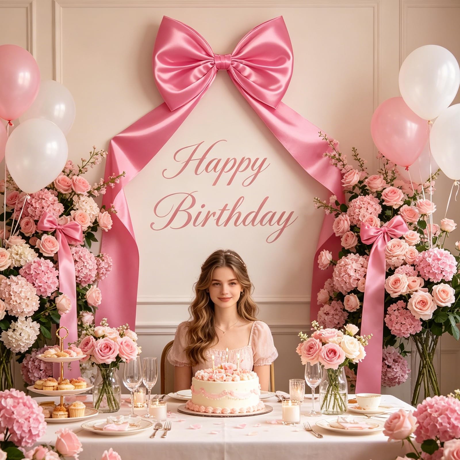 Large Pink Bow Decorations 24 x 87 Inch Giant Pink Bows with Rope and Double-…