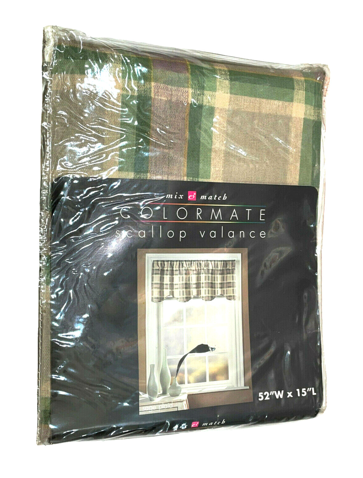 Colormate Valance 52 x 15 Sage Green Plaid Scallop 100% Duck Cotton VTG 2004 USA