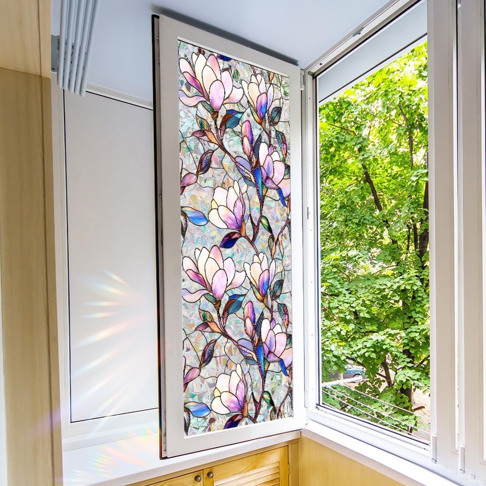 Flower Stained Glass Window Film Decorative Static Cling Stickers Sun Blocking R