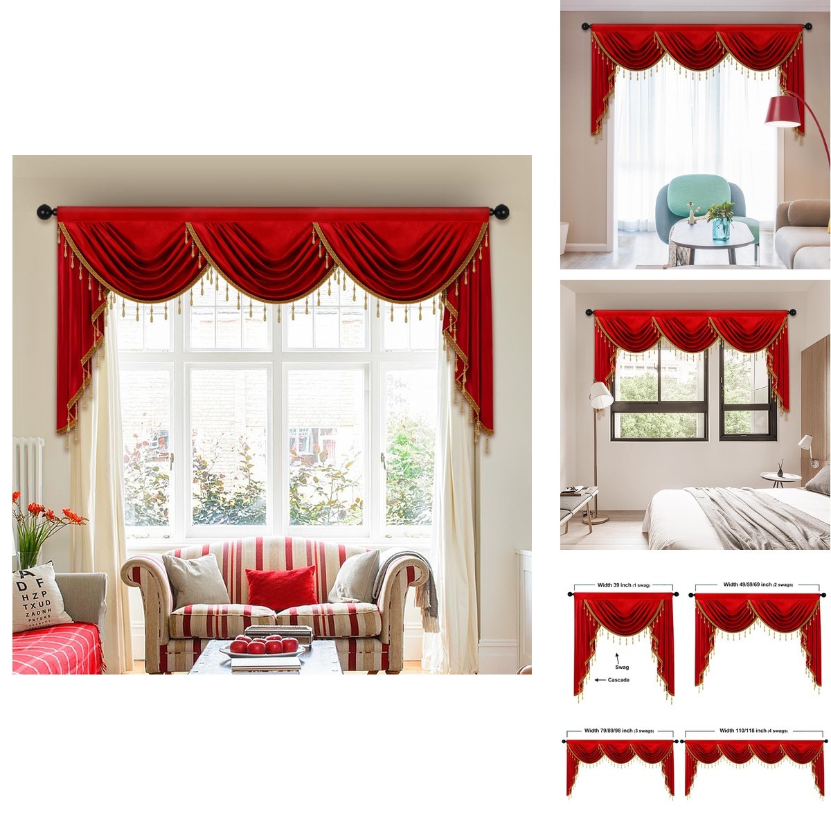 Elkca Luxury Burgundy Red Velvet Curtain Valances For Living Room Beads98Inch1