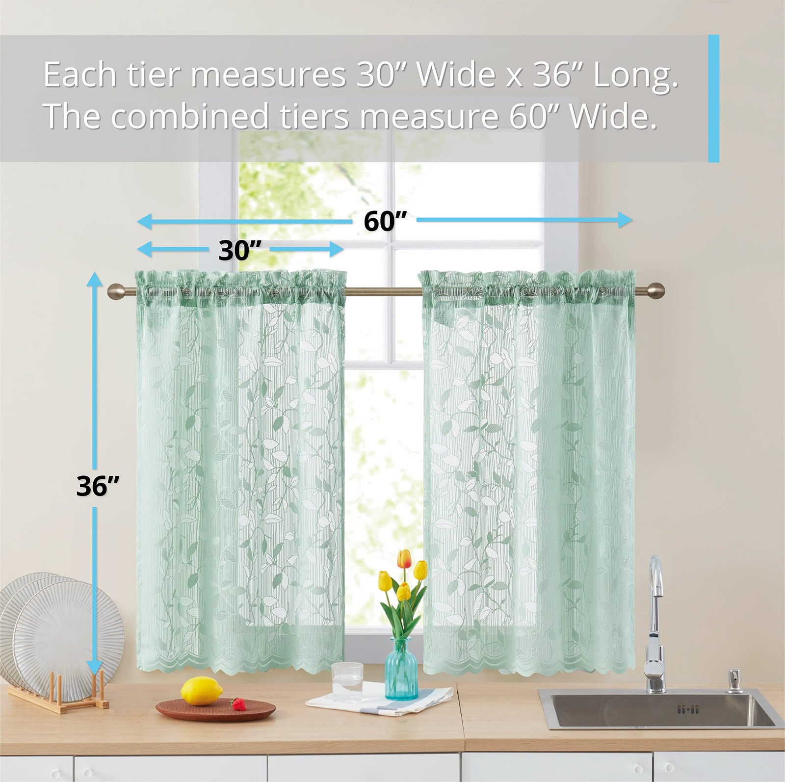 HLC.ME Joyce Lace Sheer Kitchen Cafe 30″W x 36″L (Pack of 2), Seafoam Green