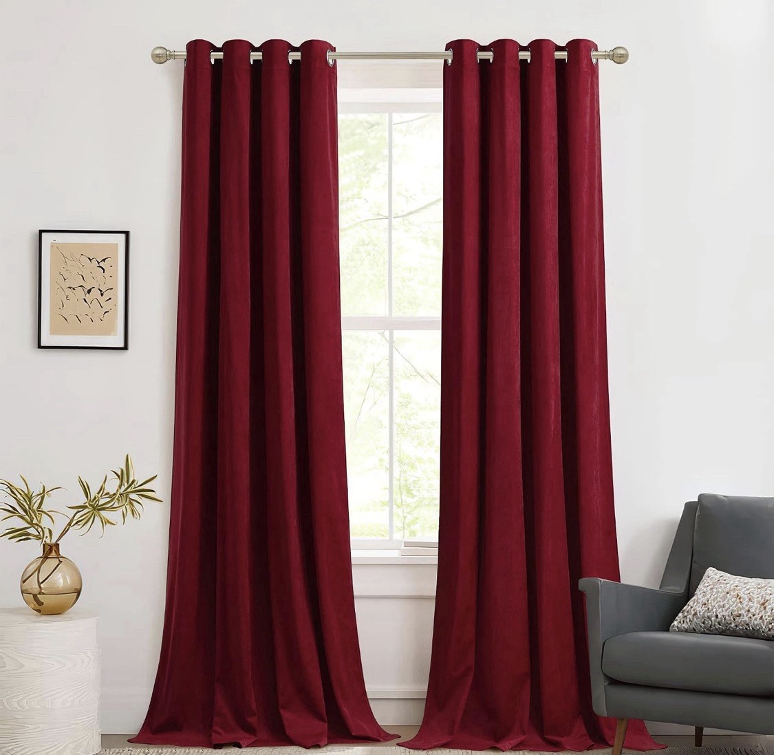 Ruby Red Plush Velvet Blackout Grommet Top Curtain Panels 52” X “63