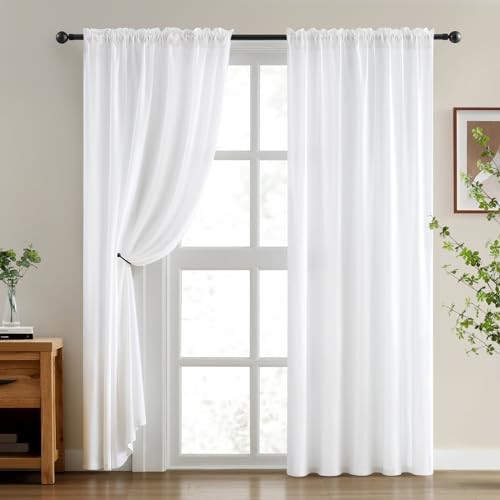 Non See Through Privacy Sheer Curtains, Elegant 52″W x 96″L (Pack of 2) White