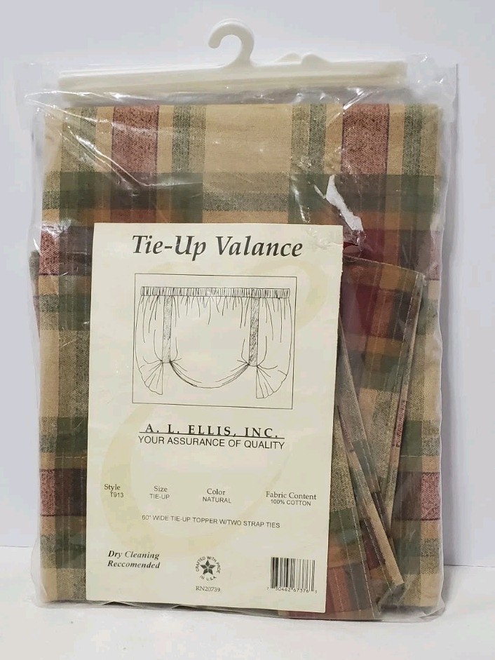 Tie-Up Valance W 2 Strap Ties 100% Cotton Plaid Natural Color 60″ Wide