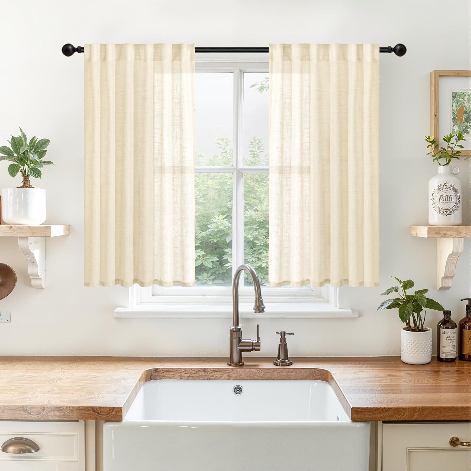 Linen Kitchen Window Curtains 40 Inch Length, Beige Cafe Drapes with Rod Pocket