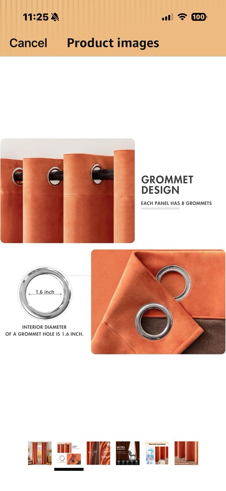 Burnt Orange Velvet Blackout Grommet Curtain 4 Panels 52 x 96”in Thermal Lined
