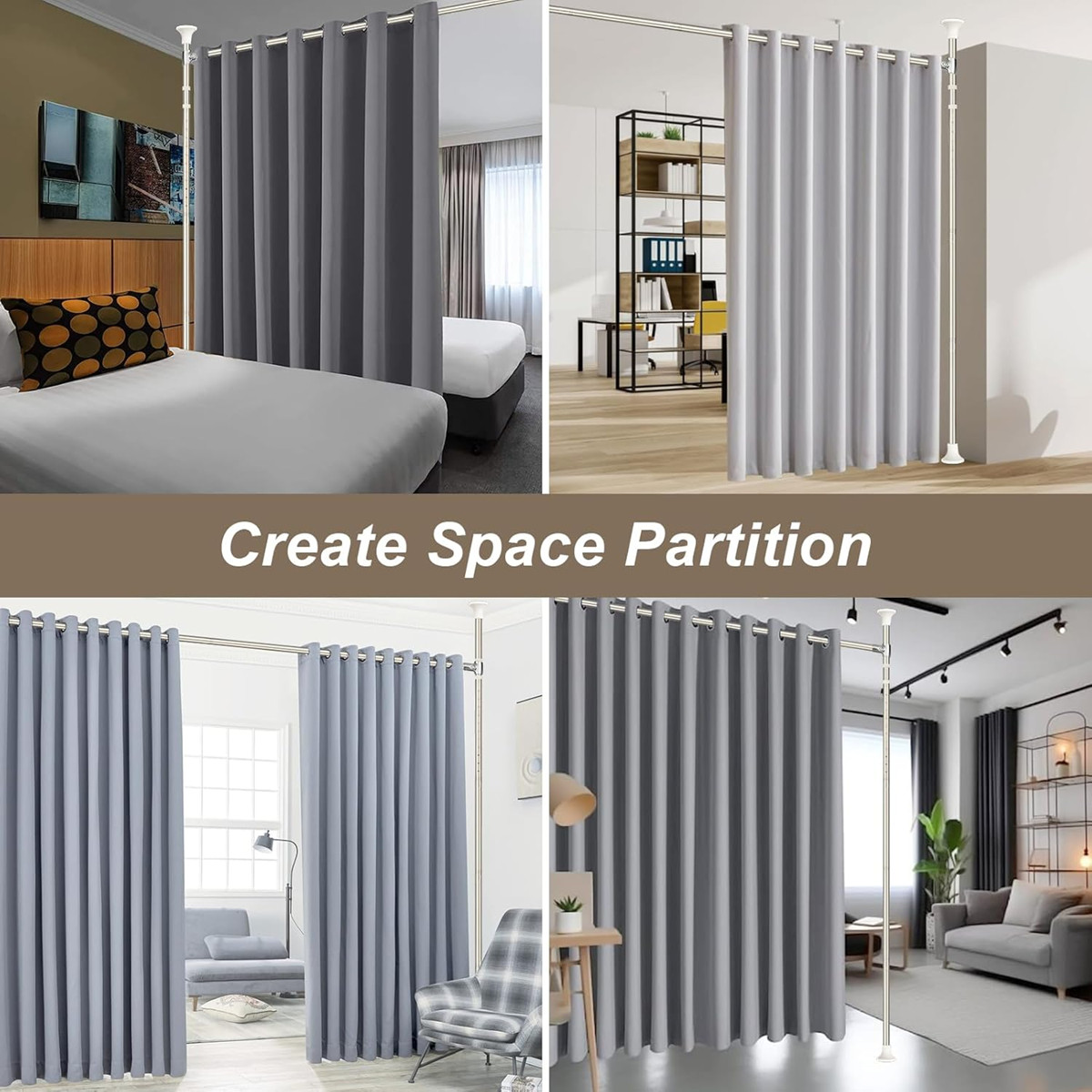 Room Divider Partition size 28″-70″ Wide x 48″-120″ High Tension Rod pole Silver