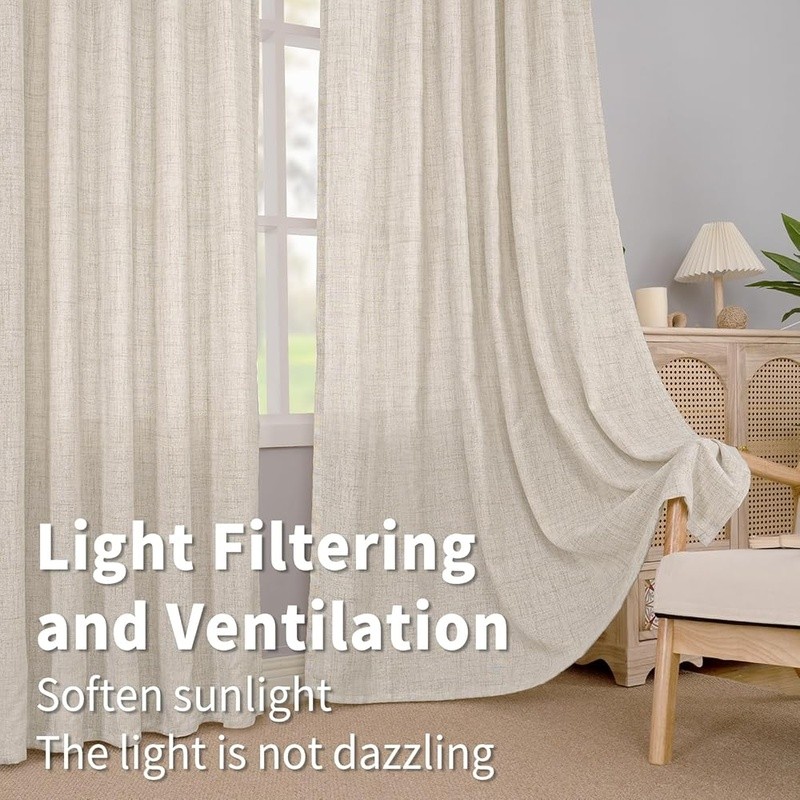 Faux Linen Light Filtering Curtains Panels Adjustable Hanging Privacy Decor US
