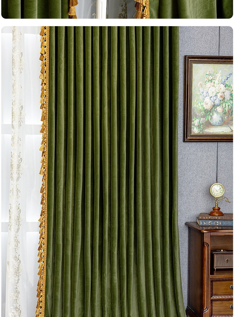 Custom retro American green flannel bedroom velvet cloth curtain tulle M1843