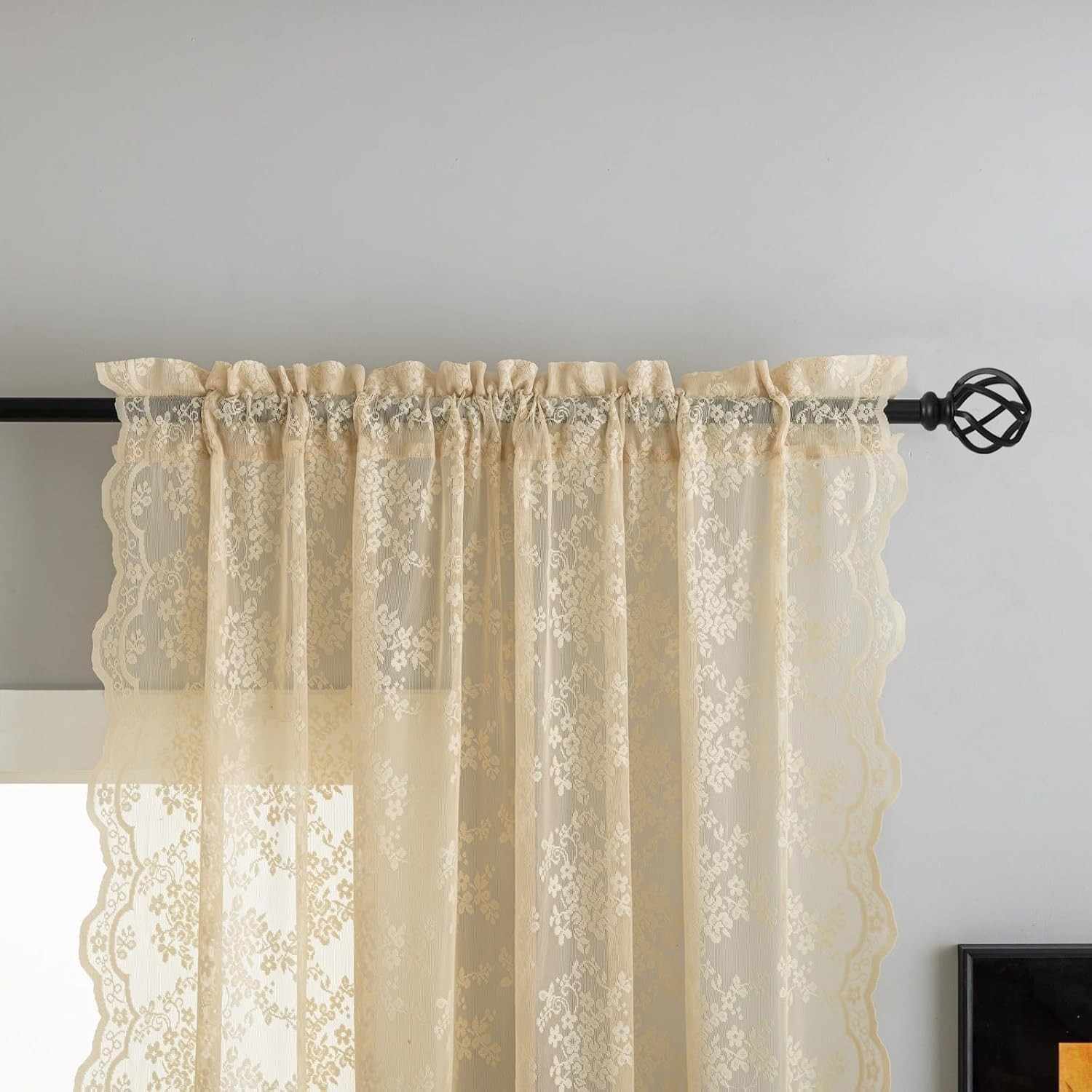 Vintage Lace Sheer Curtains Floral Branch Rod Pocket 52×84 Inch Ivory for French
