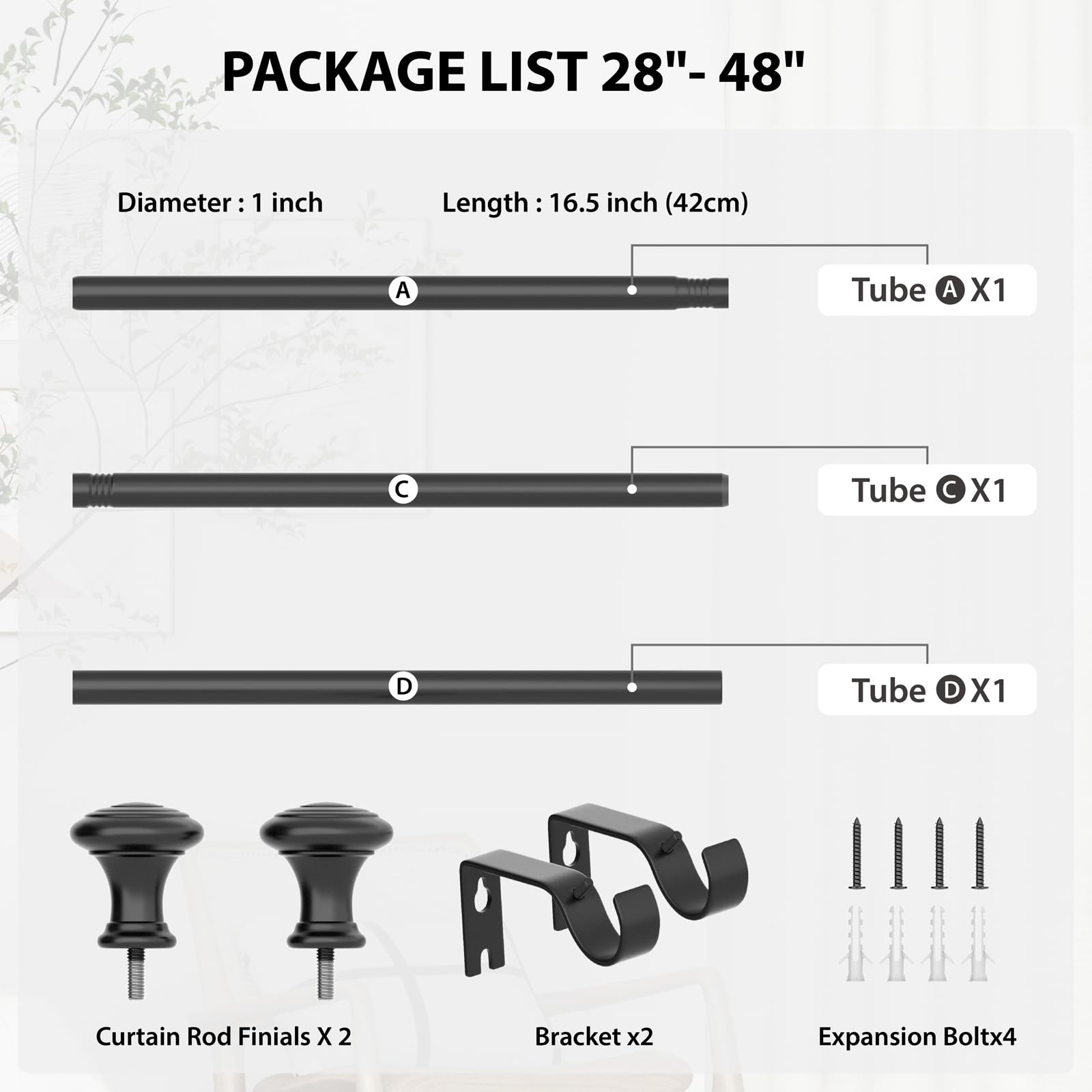Black 3/4 In 2848 In Heavy Duty Wall Mounted Adjustable Window Curtain Rod