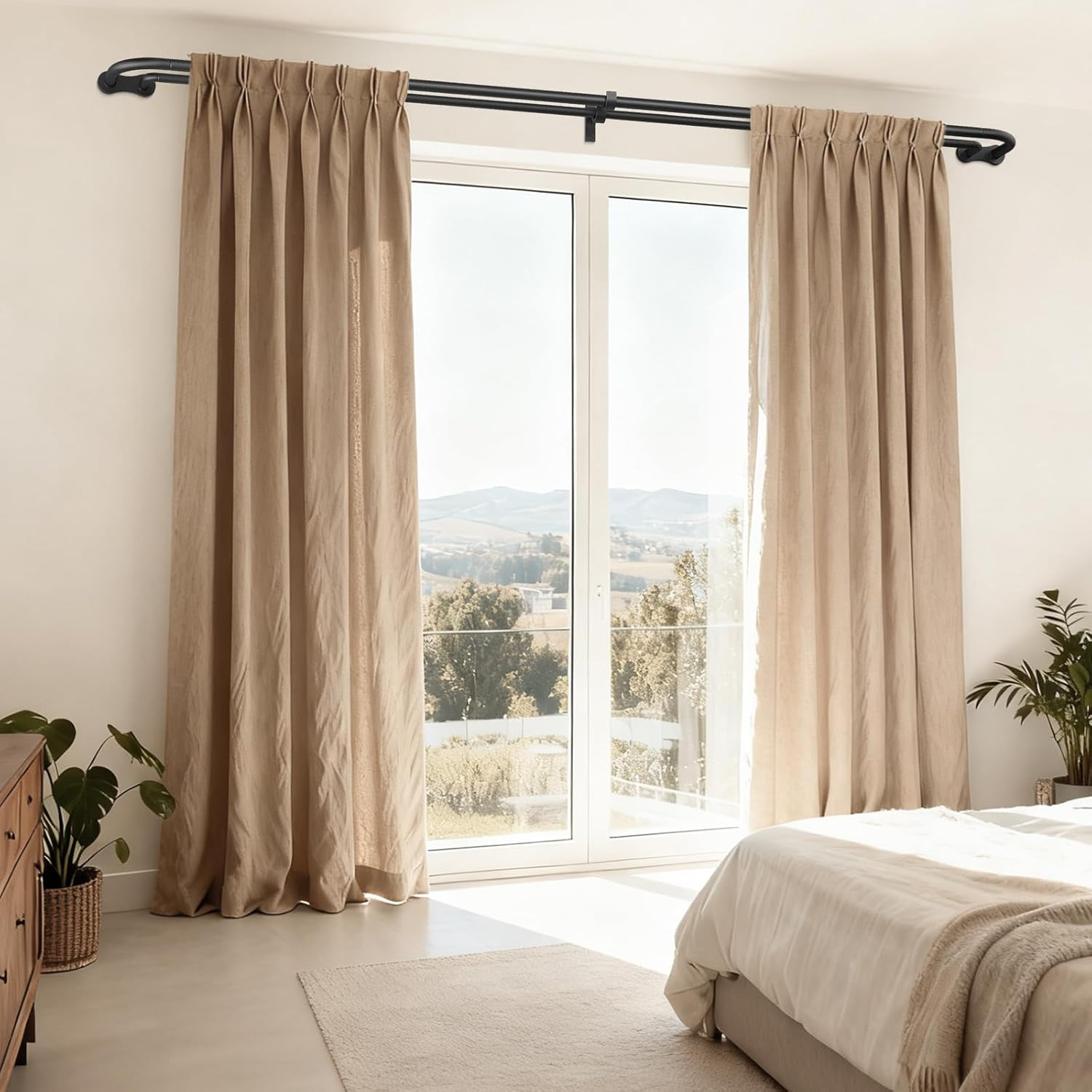 Double Curtain Rod, Black Wrap around Blackout Dual Curtain Rods for Windows 48
