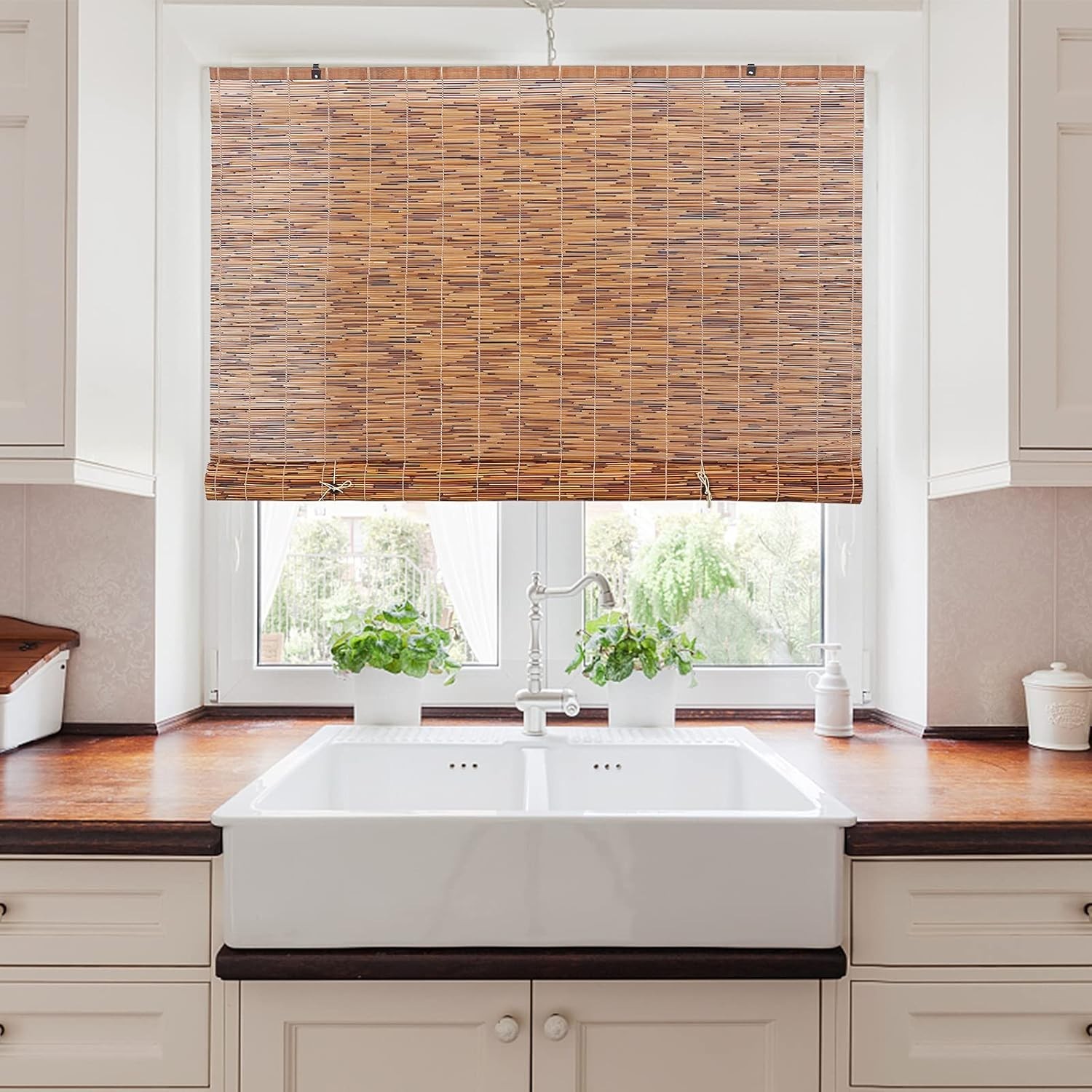 Coffee 48×72 Inch Light Filtering Reed Bamboo Cordless Blind Shades
