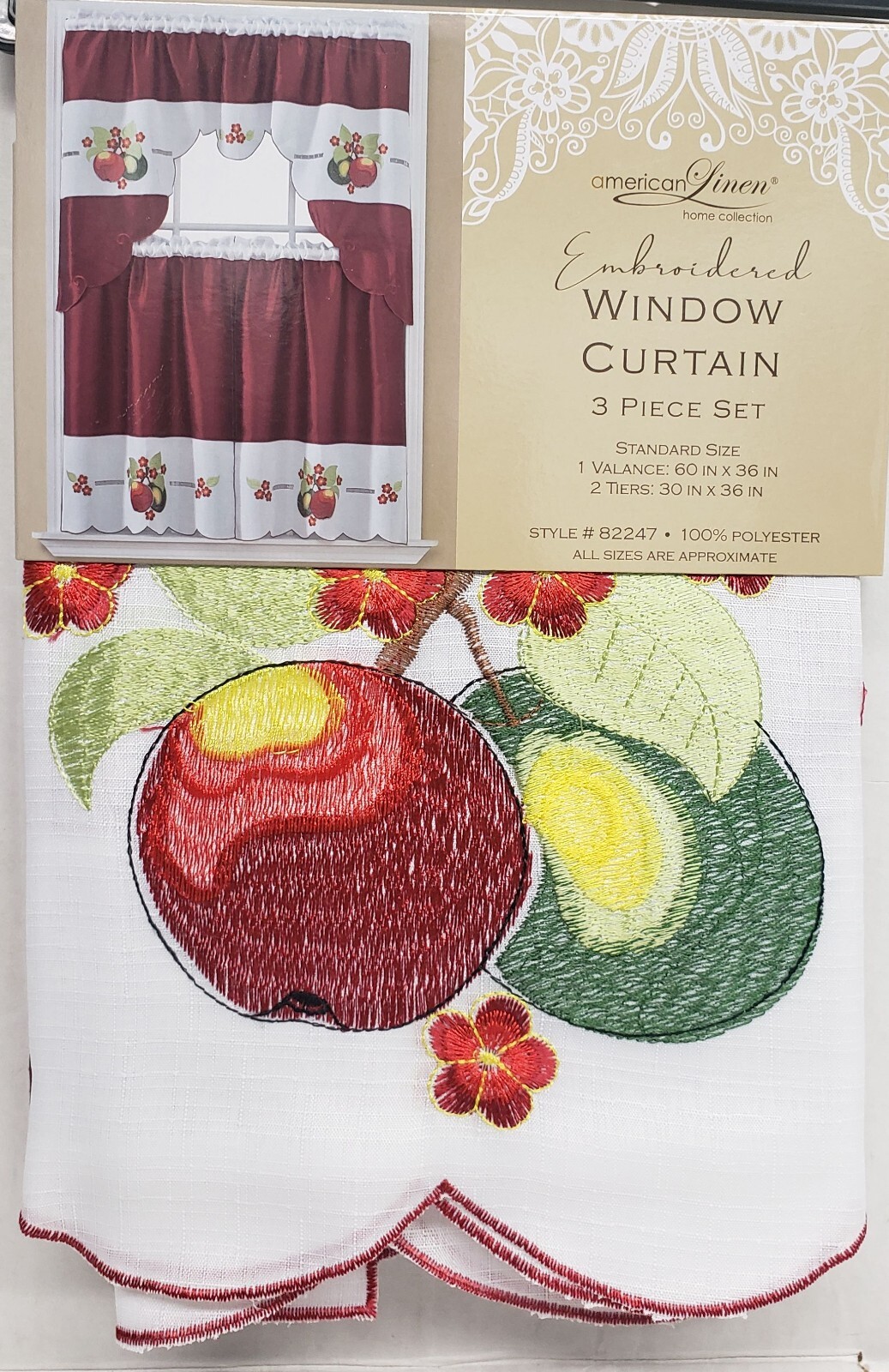 3pc. Embroidery Curtains Set:2 Tiers&Swag(60″x36″)GREEN & RED APPLES,burgundy,AL