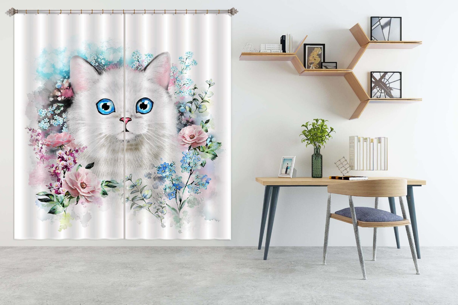 3D Watercolor White Cat ZHUA1143 Photo Curtain Window Blockout Fabric Amy 2023