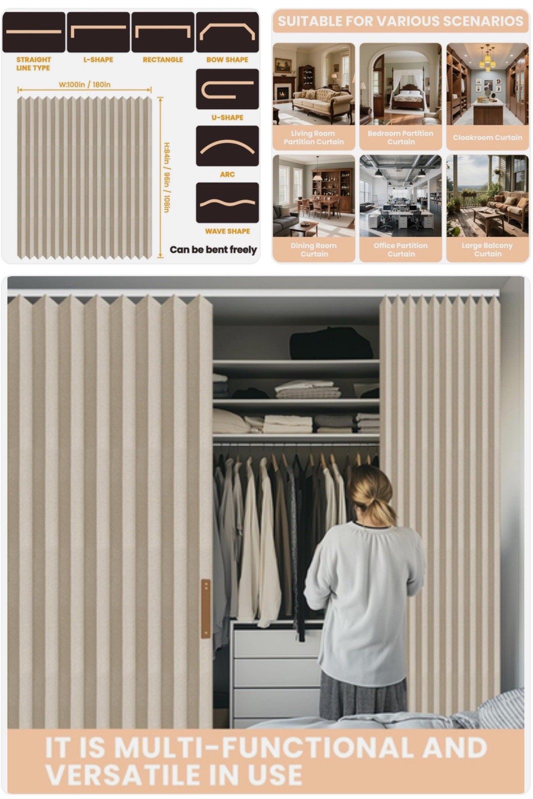 Ceiling Track Accordion Room Divider Curtain – Beige 100″ W X 84″ L