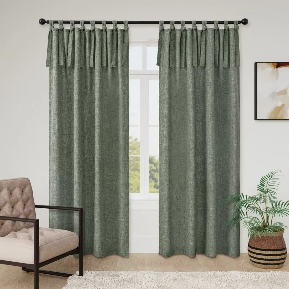 Linen Texture Tie Top Blackout Grommet Curtains Pair(2 Panels), 52″×84″