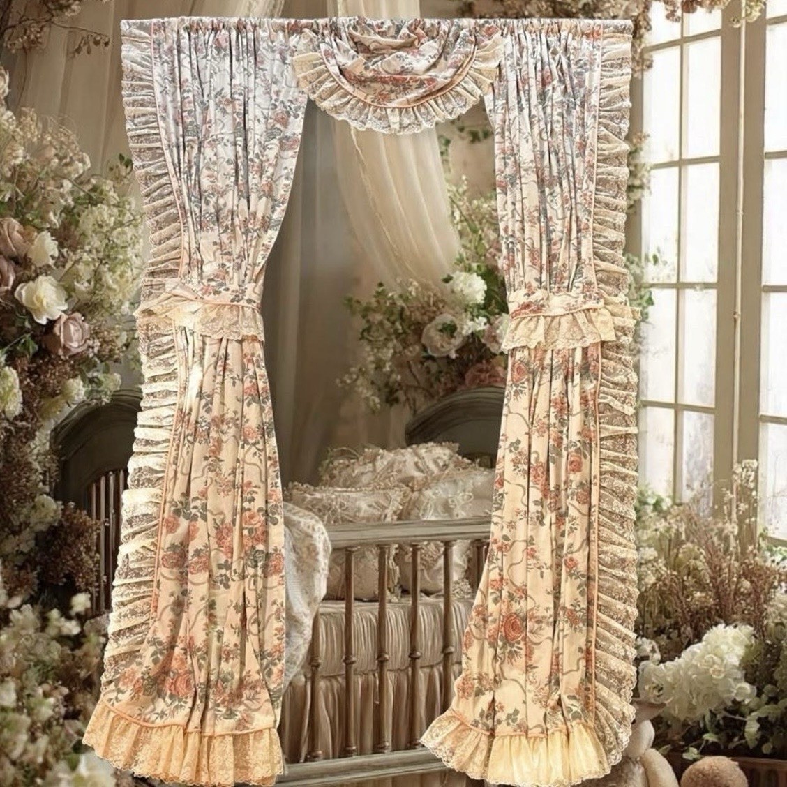 Vintage Croscill 5pc Floral Curtain Set Balloon Valance Lace Ruffle Cottagecore