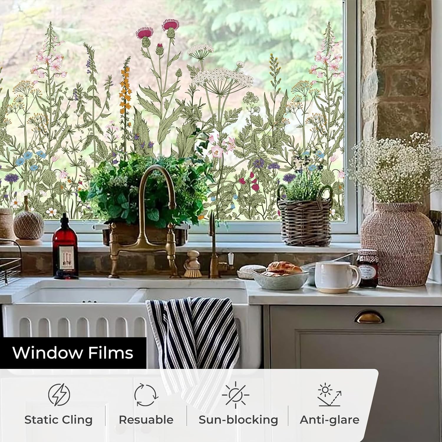 Window Privacy Film,Colorful Floral Window Stickers,Removable DIY Bouquet Static