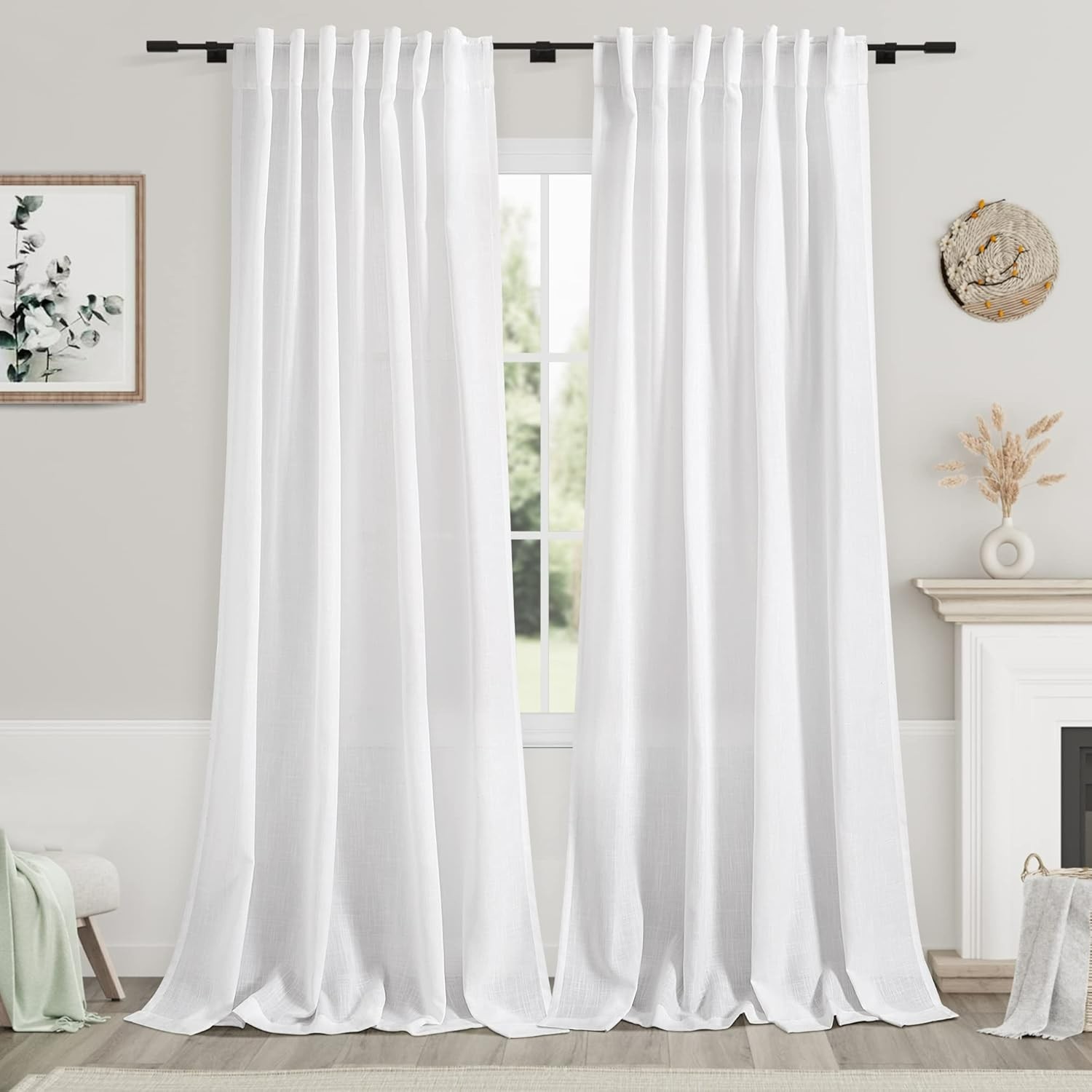 Solid White Curtains 96 Inches Long 2 Panels Back Tab Sheer Linen (C-0240)