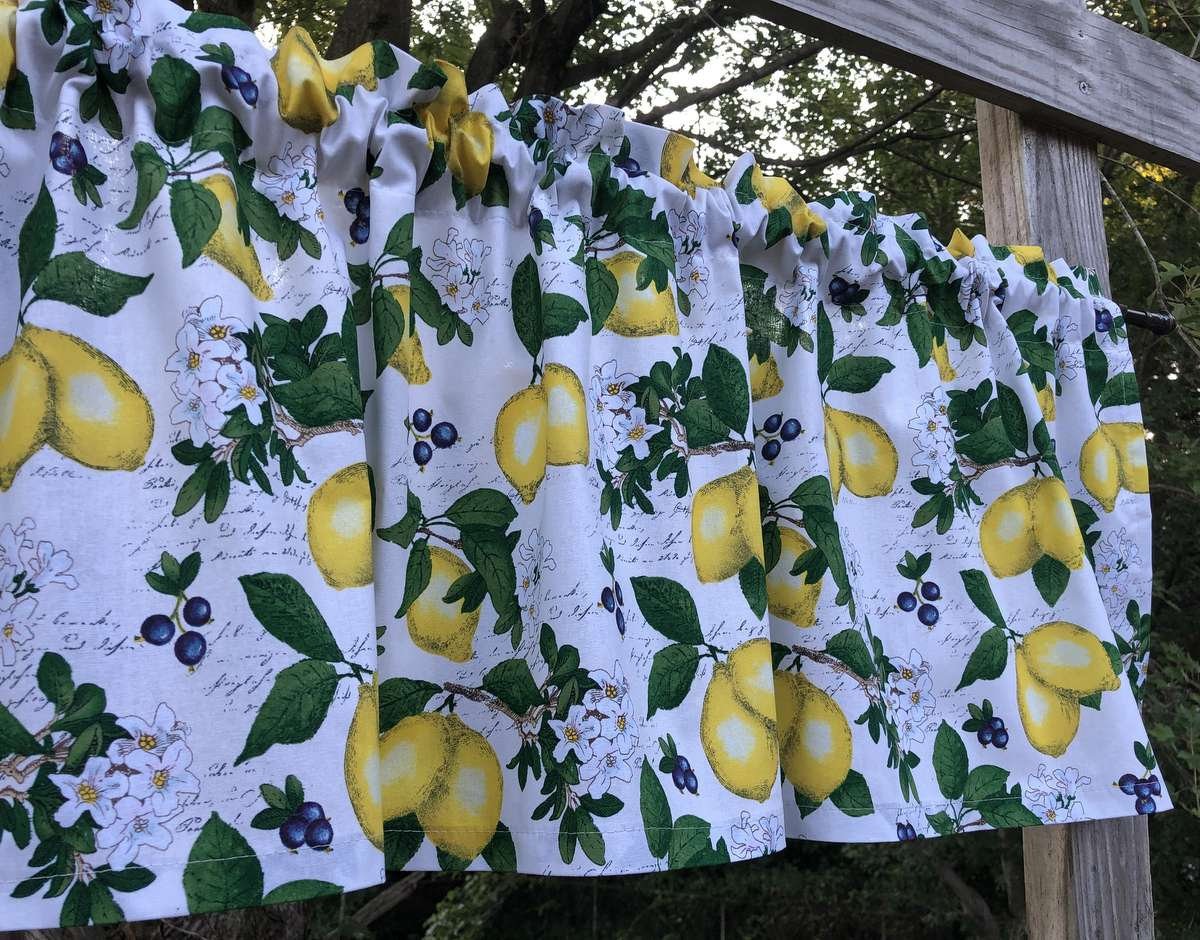 Lemon Valance Yellow Lemons Blueberries Green Leaf Window Kitchen Curtain