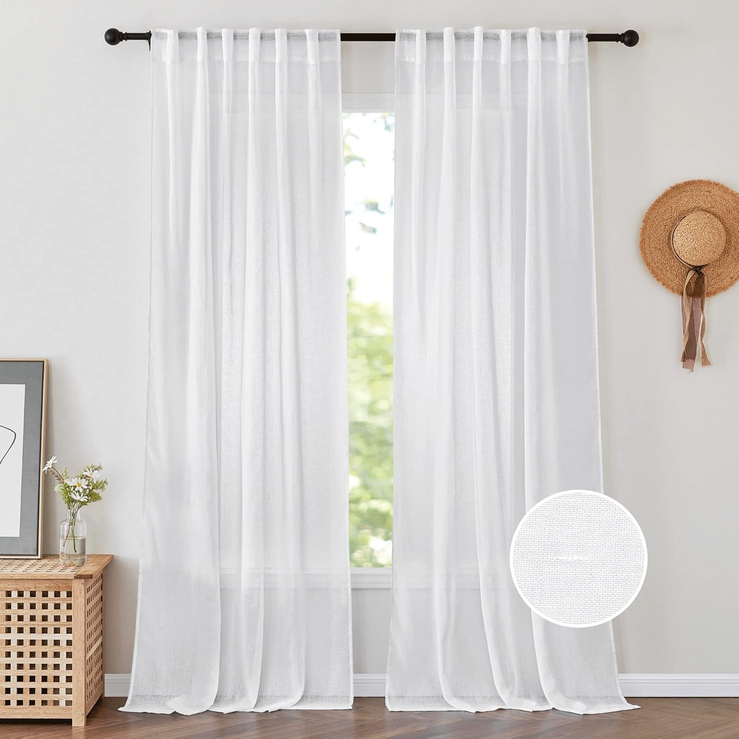 Natural Linen Back Tab Curtains 84 Inch Length for Living Room 2 Panel Pocket Dr