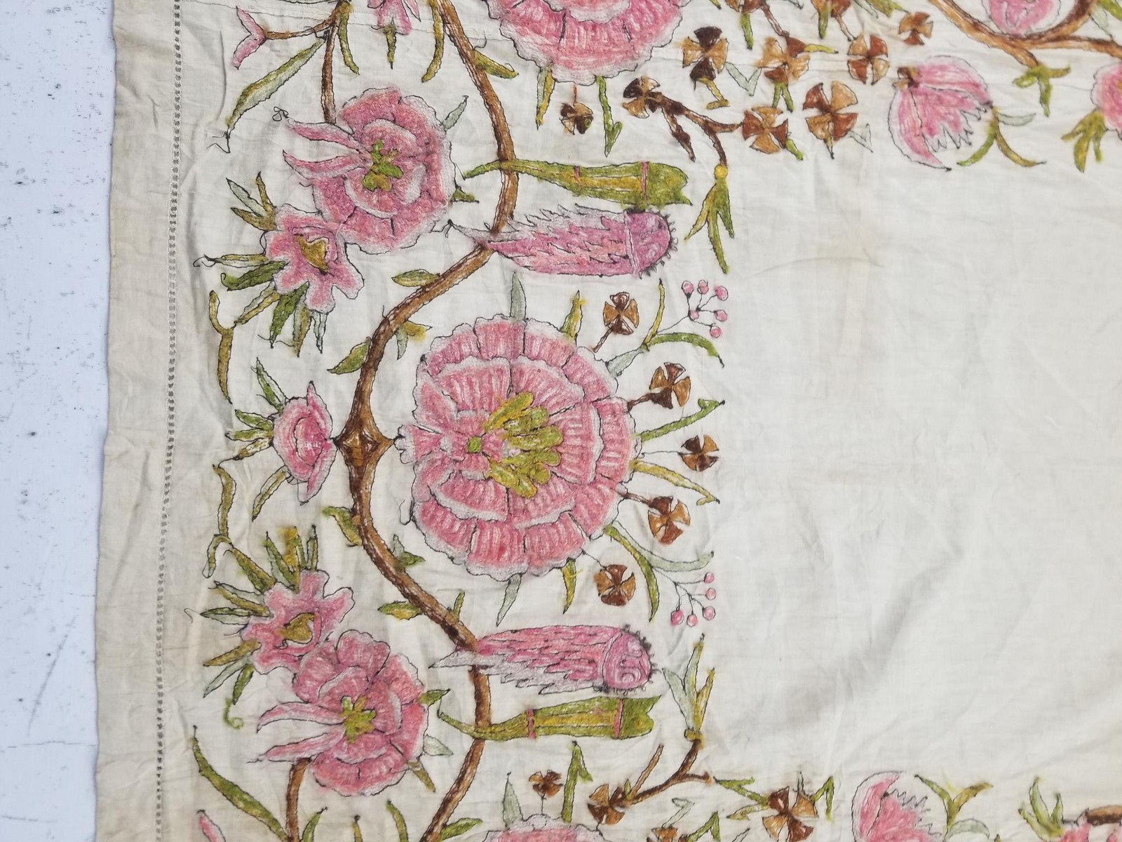 Antique Central Asian Uzbek Hand Embroidered Floral & Bird Curtain Panel 82x44in