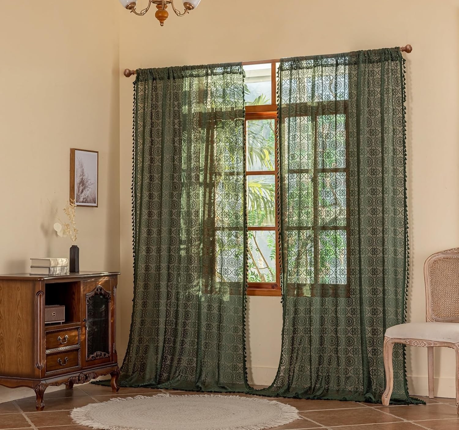 Dark Green Lace Curtains 84 Inch Long for Living Room 2 Panels Vintage Boho L…