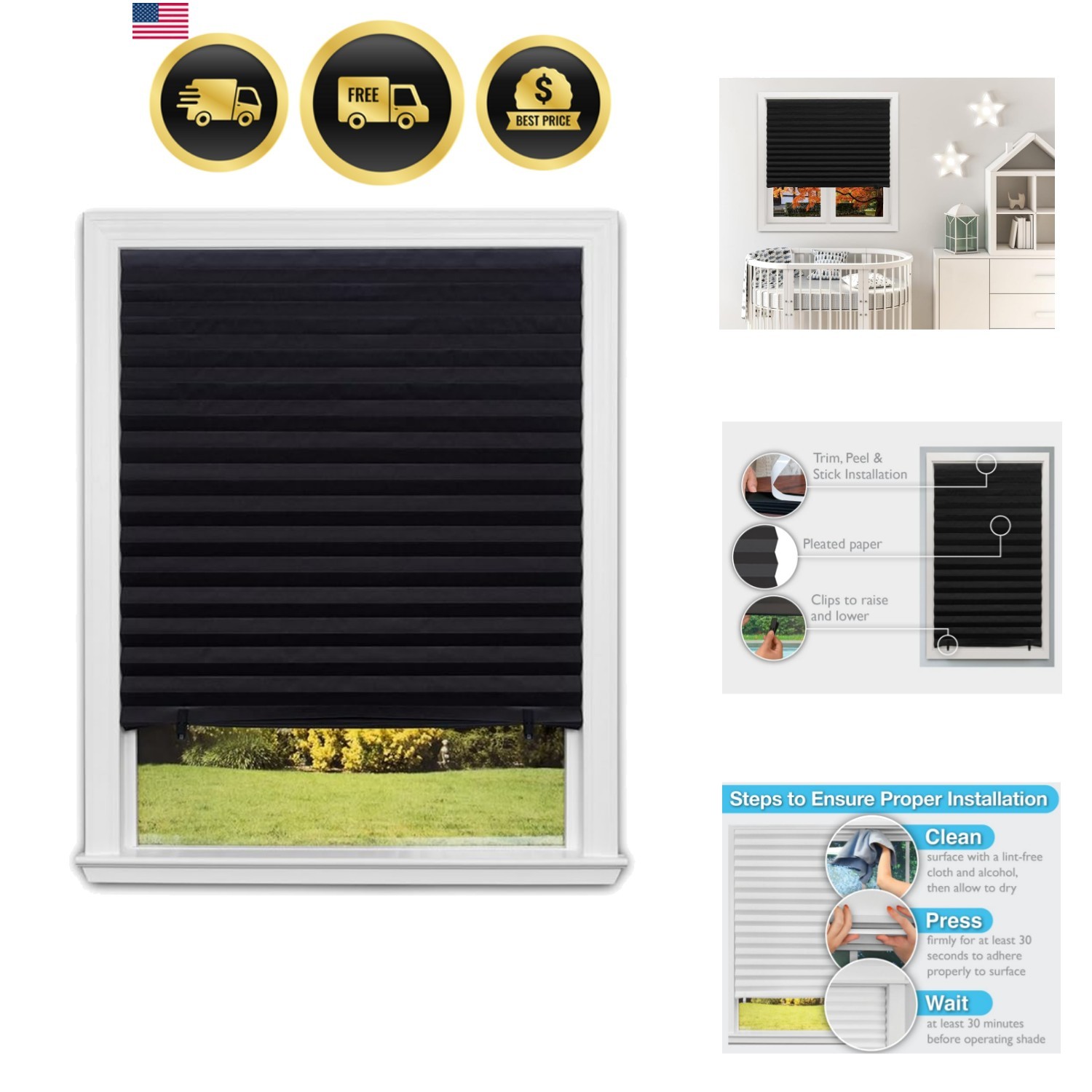 Blackout Pleated Paper Shade Cordless for Windows Blackout 36×72 6 Pack