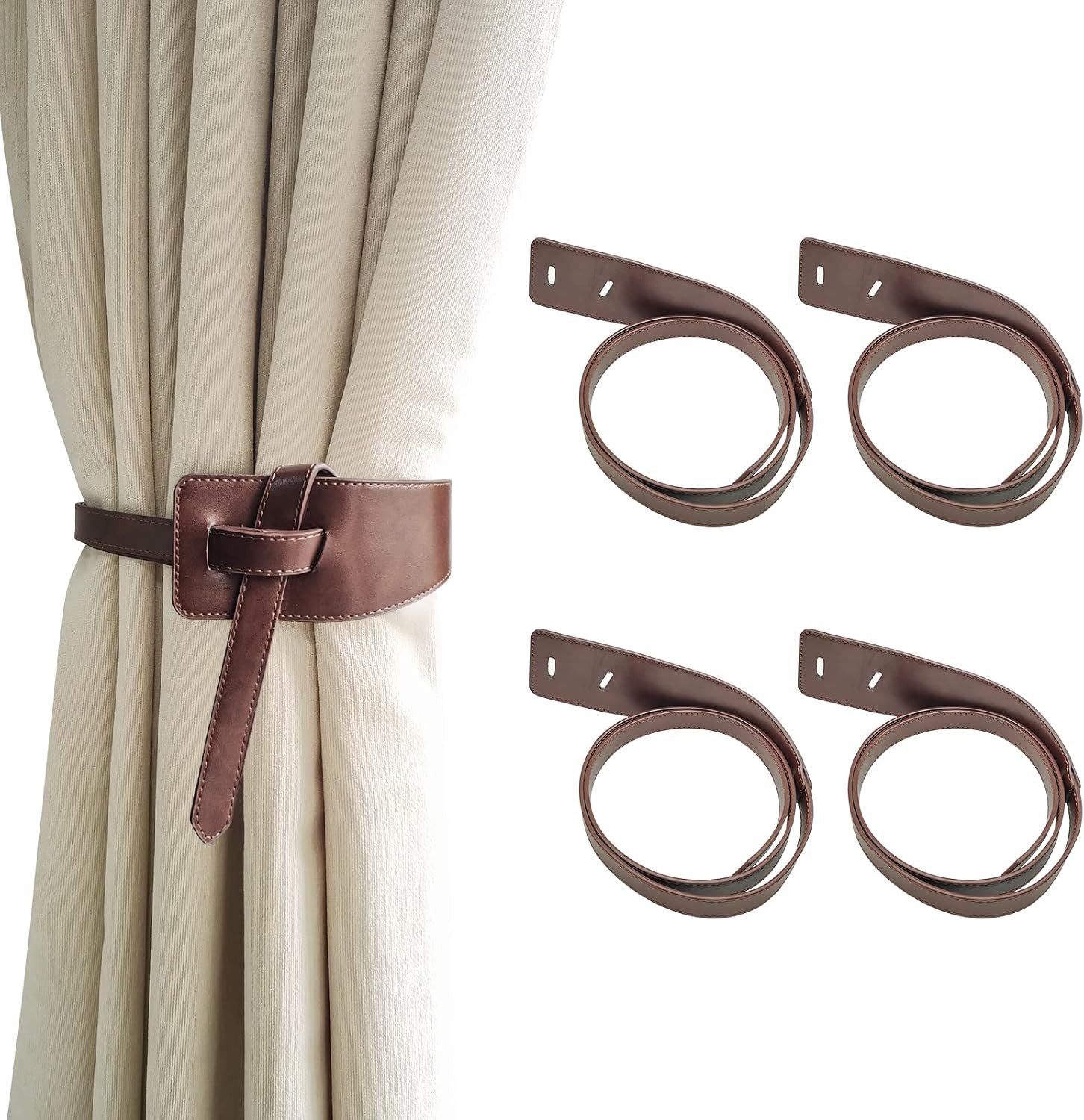 Leather Curtain Tie Backs, 4 Piece Minimalist Leather Drapery Tiebacks, Window T