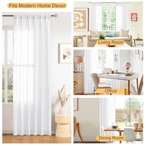 Faux Linen Sheer Curtains – Semi Voile Window 52″W x 96″L (Pack of 2) White