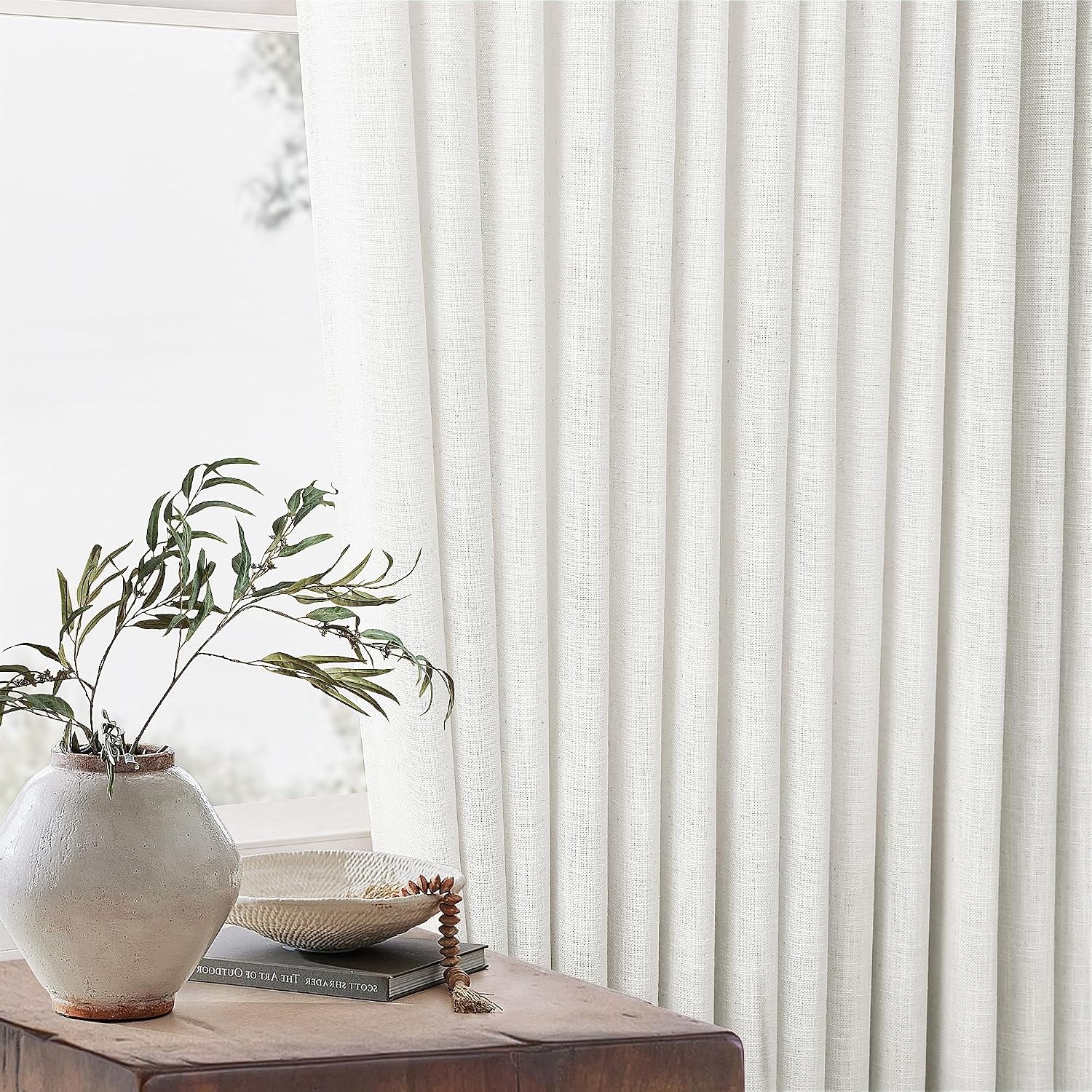 Beige White Pinch Pleated Linen Curtains 2 Panels 105 Inches Long for Living Roo