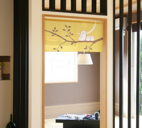 MADE IN JAPAN Japanese Noren Art Curtain Lucky Owls and Moon, Yellow Home Decor