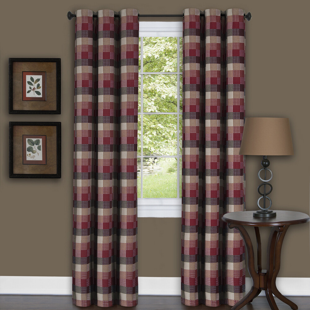 Red Geometric Plaid Window Kitchen Curtain Drape Privacy-Sheer Grommet Panels
