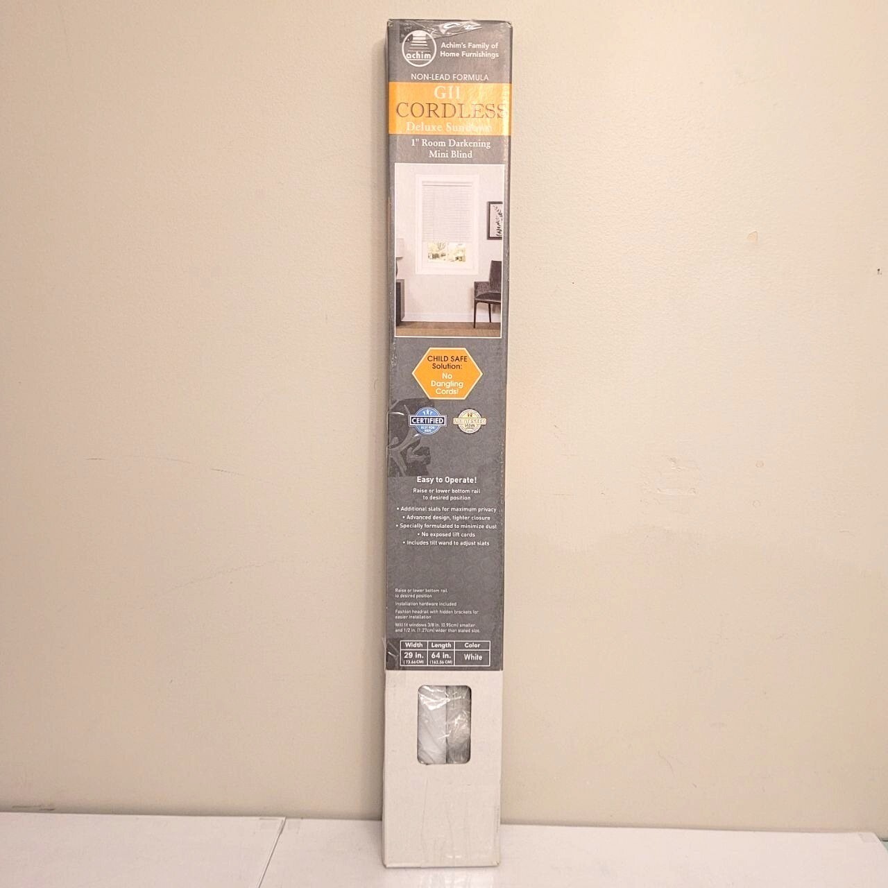 Achim GII Deluxe Sundown Cordless Mini Blind 29×64 White Room Darkening 1″ PVC
