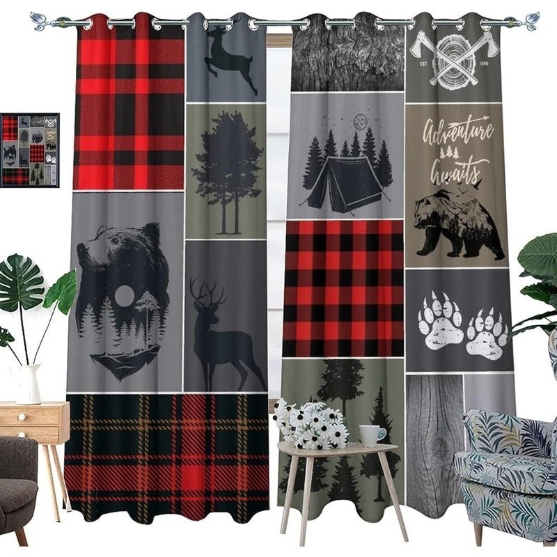 Rustic Bear Deer Blackout Curtain 2 Panels Soft Polyester Room Darkening Grommet