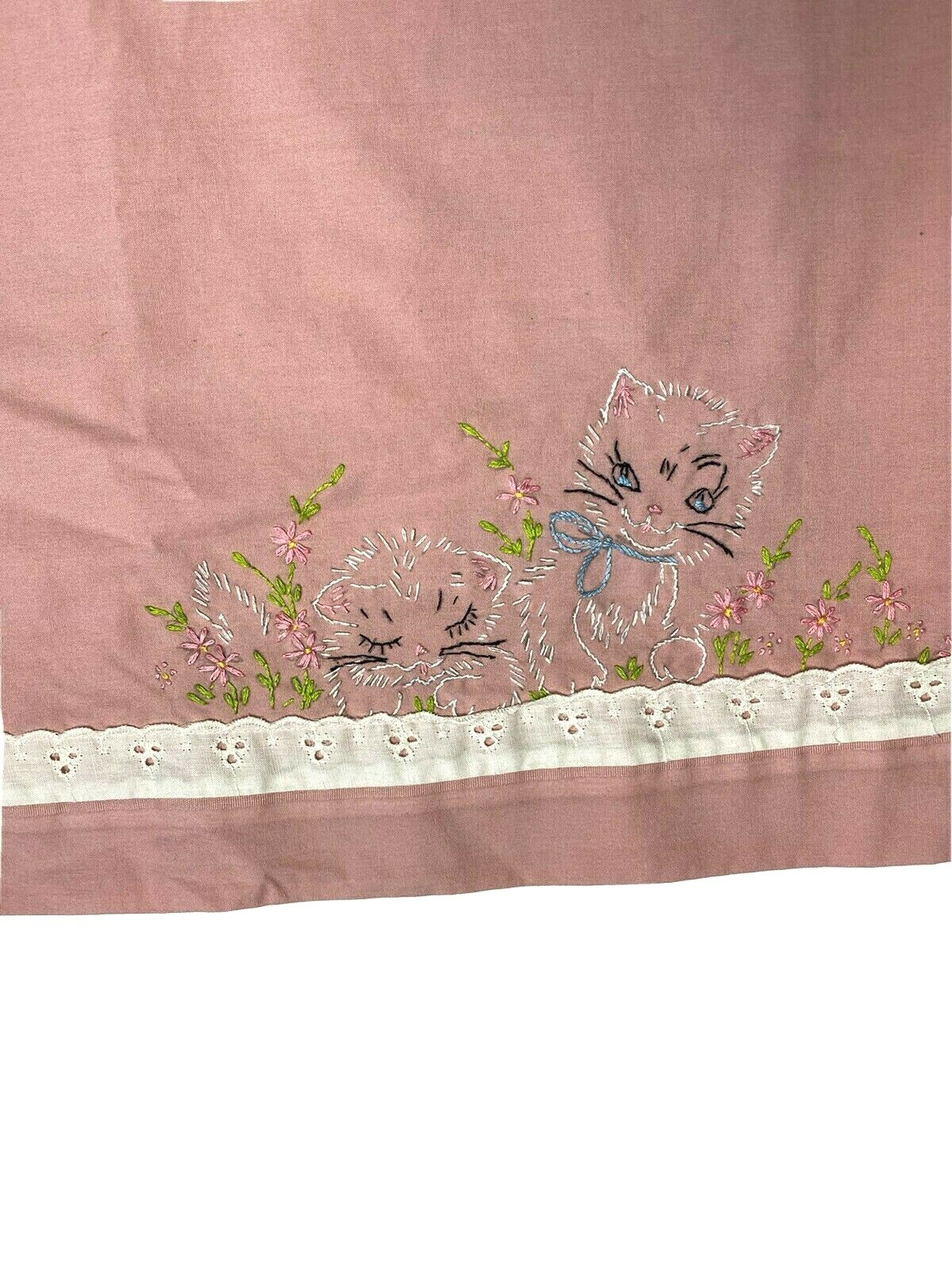 Vintage Hand Made Custom Kitten Curtain Embroidered Drape Canvas Mauve Cats HTF