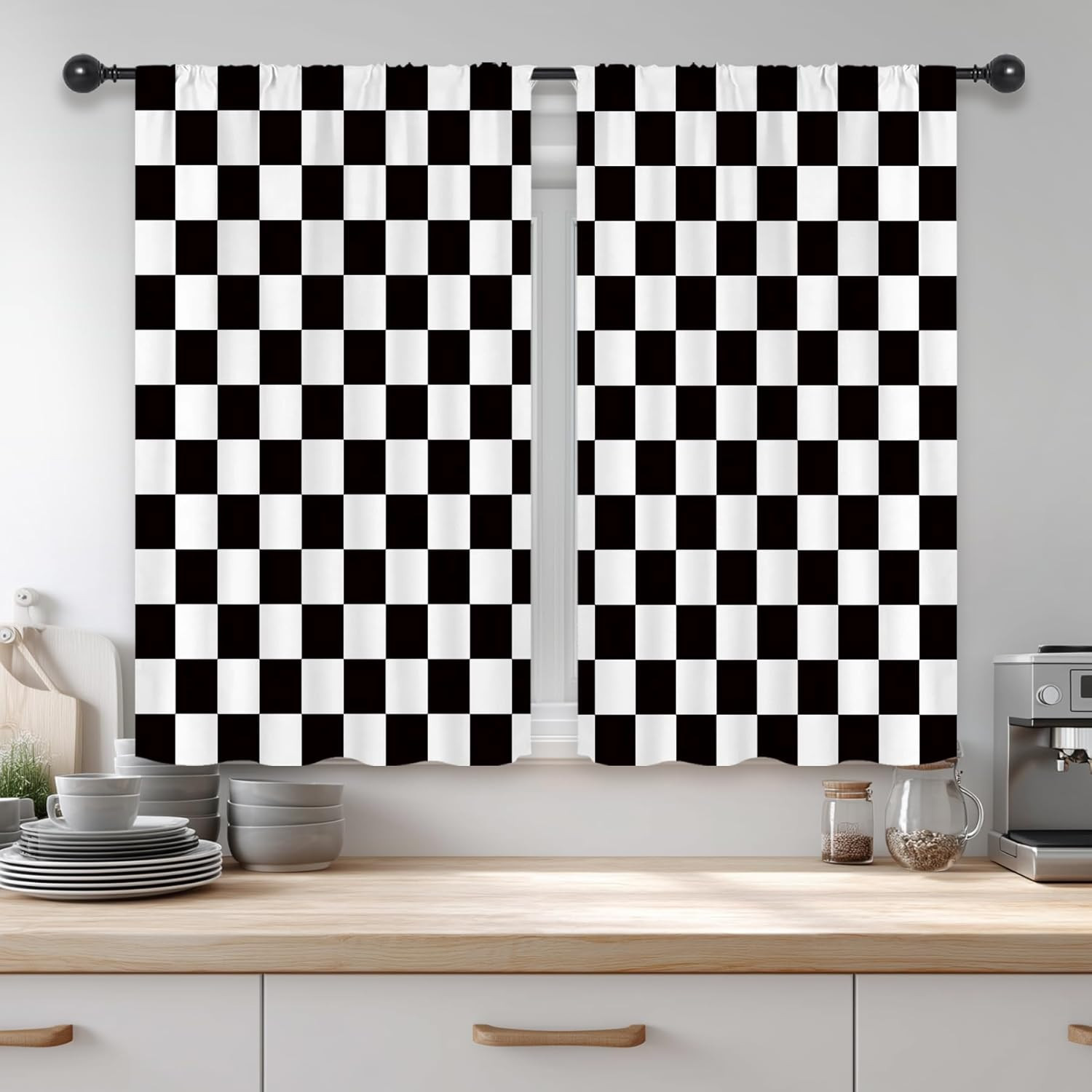 Checkered Curtains Retro Black and White Abstract Modern Classic Race Car Flag B