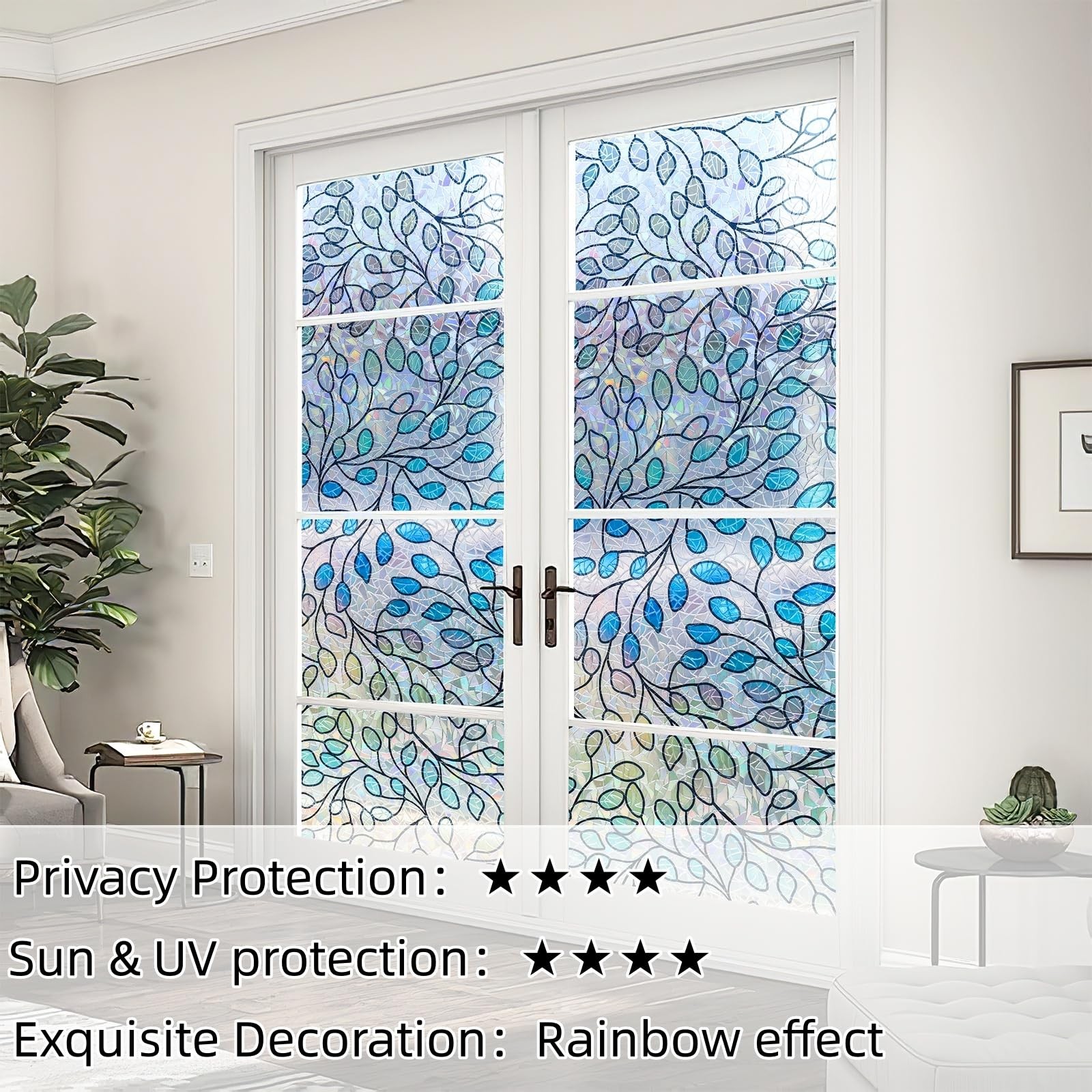 Privacy Window Film with UV Protection & Heat Insulation, Static Cling Sun Bl…