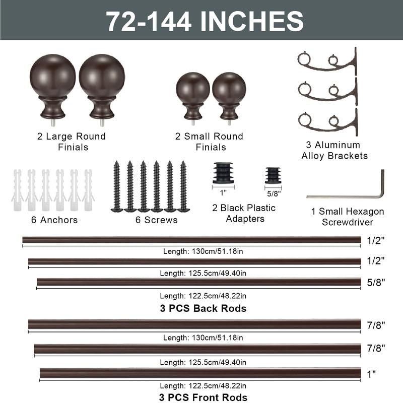 Hosmile Double Curtain Rods 72-144 Inches Brown Iron Matte Finish