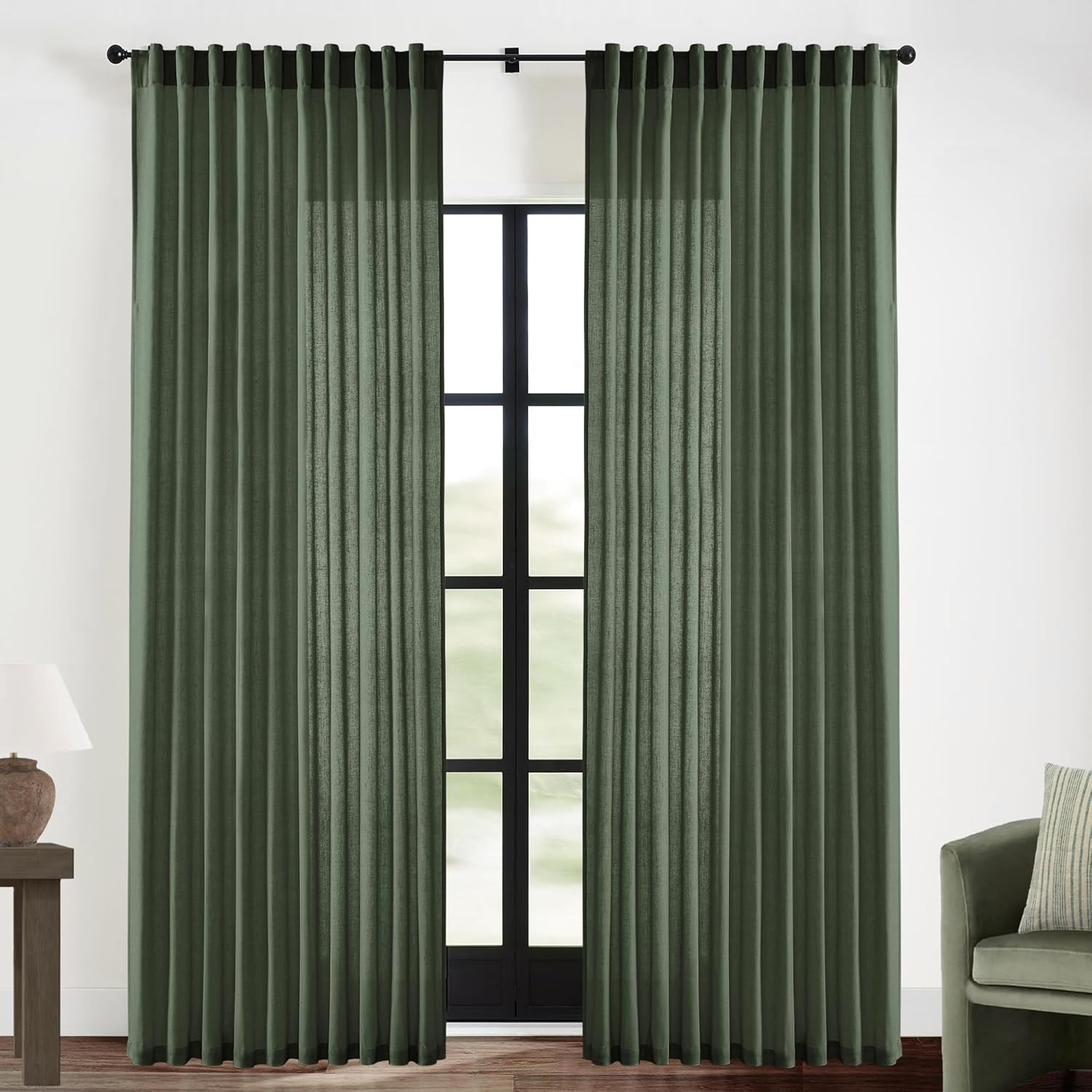 Olive Green Linen Cotton Sheer Curtains, 70″x90″, 2 Panels for Bedroom/Living Ro
