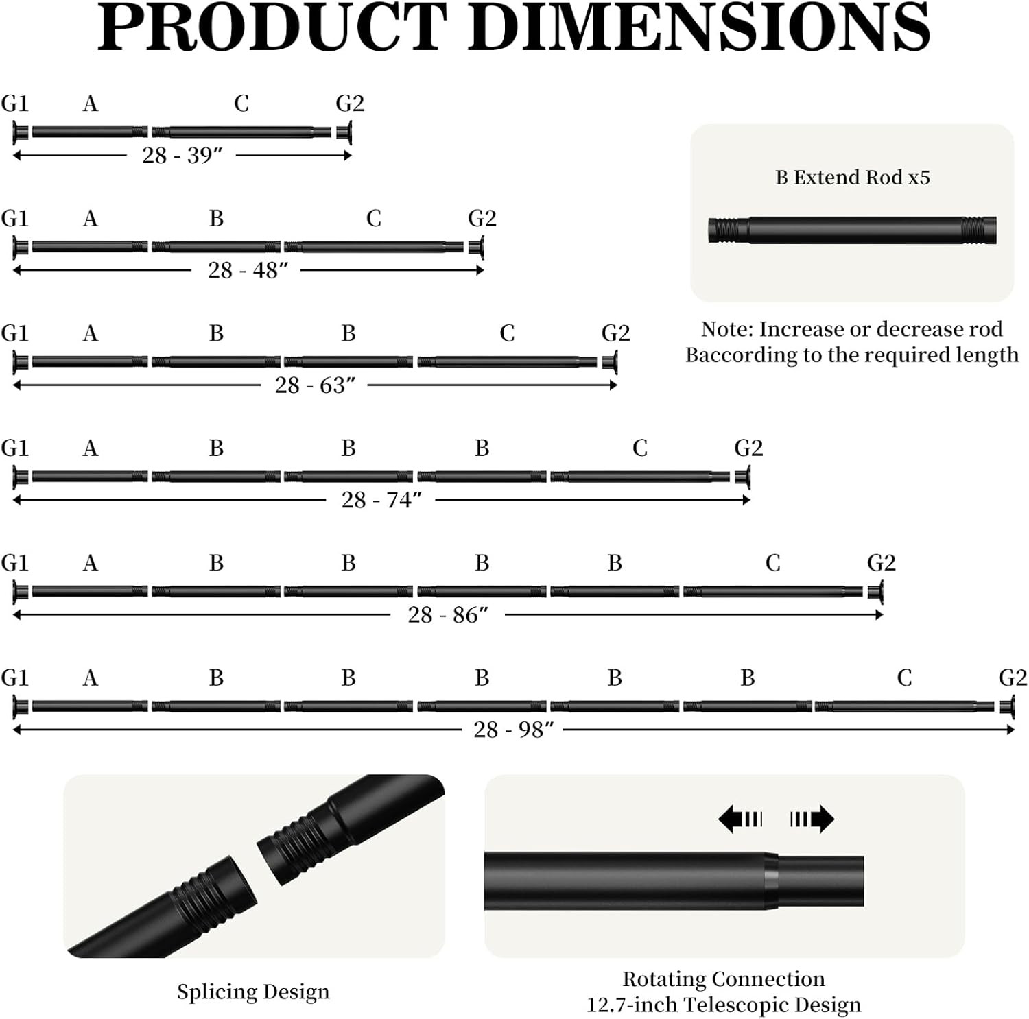 No Drilling Closet Rod Adjustable Black 28-98″ Heavy-Duty Tension Rods Hanging