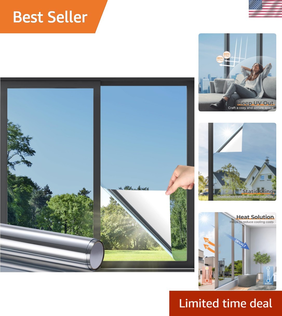 Window Privacy Film, One Way Window Tint for Home, Static Cling Anti UV Sun B…