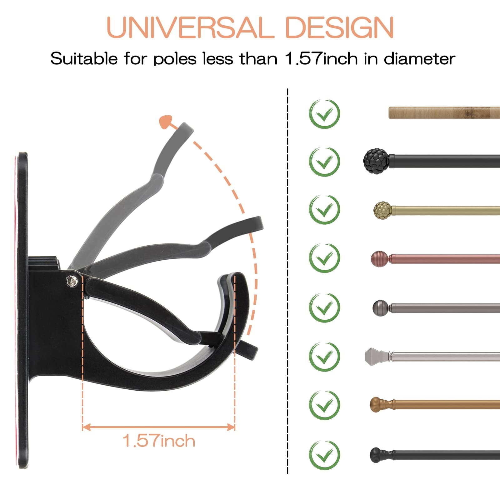 6-Pack Strong Self-Adhesive Curtain Rod Holders | No Drill Wall Mount Brackets