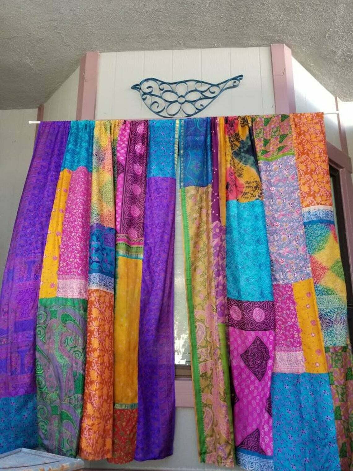 2 Pcs Indian Sari Patchwork Curtain Drape Window Decor Multi Silk Sari Curtain