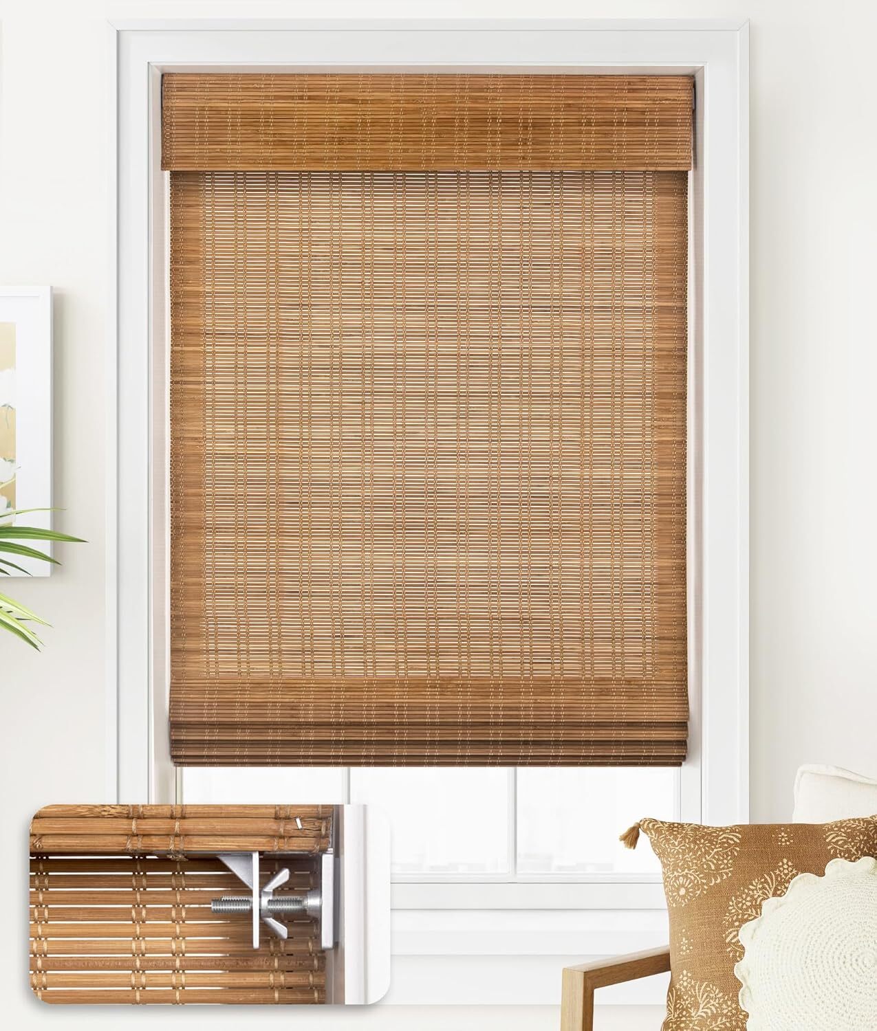Cordless Bamboo Roman Shades, Light Filtering Curtains, 22’W x 64’H